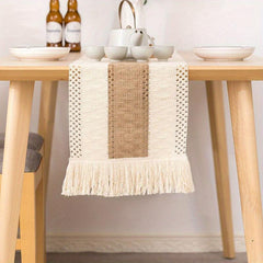 Boho Linen Jacquard Table Runner with Tassel Vintage Long Dresser Scarf