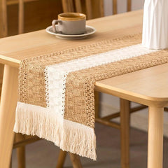 Boho Linen Jacquard Table Runner with Tassel Vintage Long Dresser Scarf