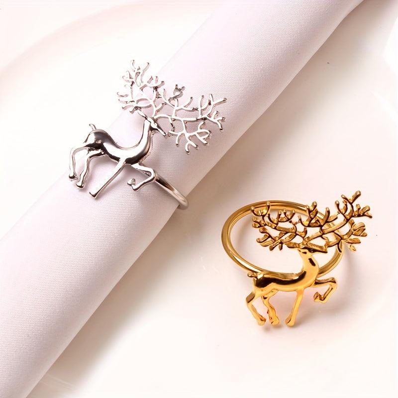 6pcs Golden Christmas Napkin Rings - Elk Deer Shape Solid Buckle