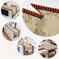Polyester Table Runner Spooky Halloween Vintage Plaid Cat Skull Jack o' lantern