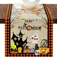Polyester Table Runner Spooky Halloween Vintage Plaid Cat Skull Jack o' lantern