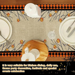 Polyester Table Runner Spooky Halloween Vintage Plaid Cat Skull Jack o' lantern