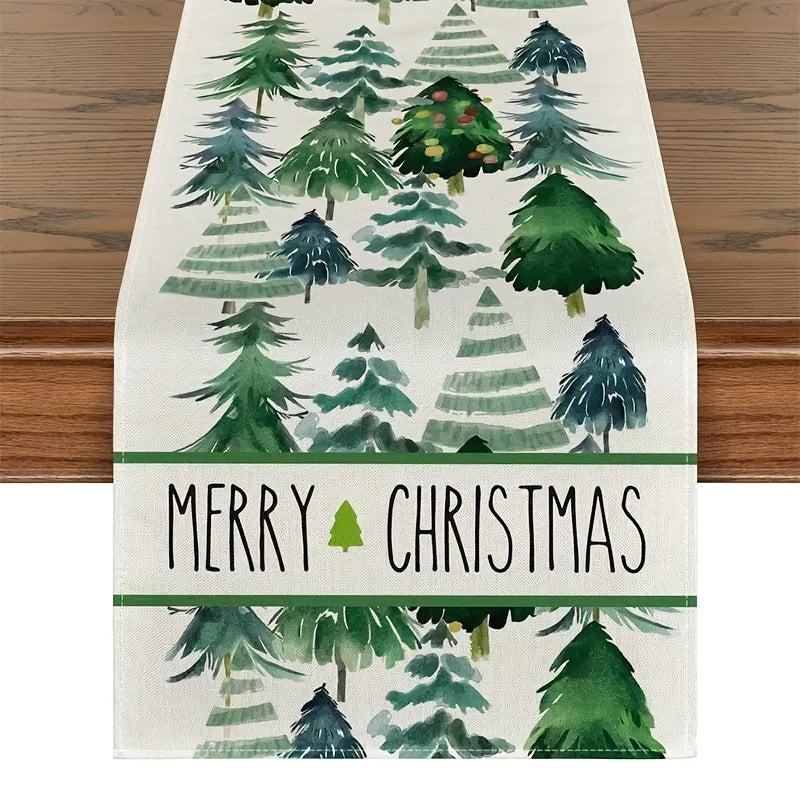 Watercolor Green Trees Merry Christmas Table Runner