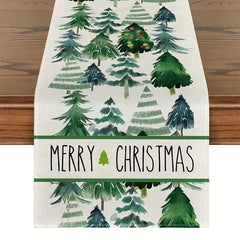 Watercolor Green Trees Merry Christmas Table Runner