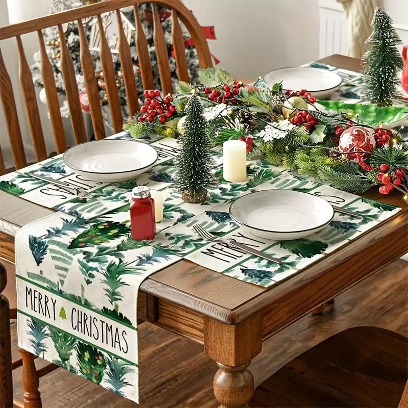 Watercolor Green Trees Merry Christmas Table Runner