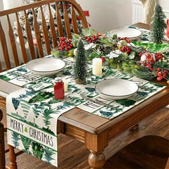 Watercolor Green Trees Merry Christmas Table Runner