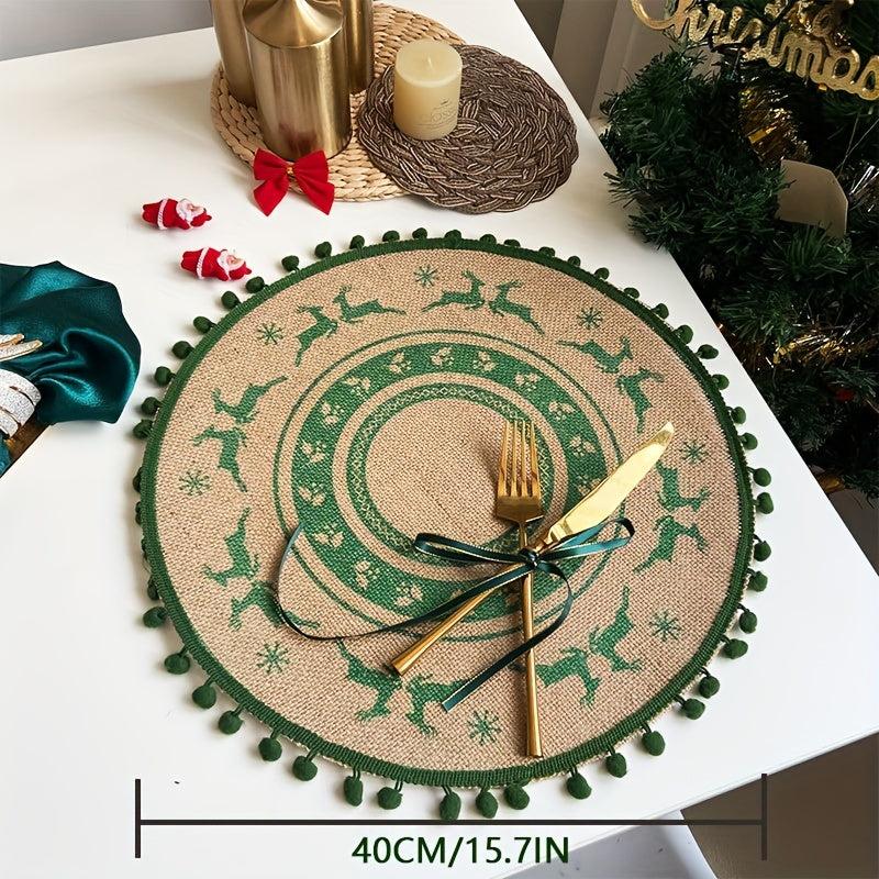 2PCS Jute Placemats Christmas Theme Round Table Mats With Tassel Lace