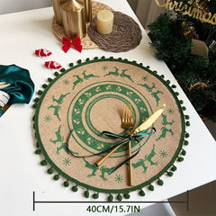 2PCS Jute Placemats Christmas Theme Round Table Mats With Tassel Lace