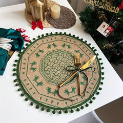 2PCS Jute Placemats Christmas Theme Round Table Mats With Tassel Lace