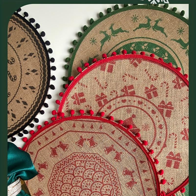 2PCS Jute Placemats Christmas Theme Round Table Mats With Tassel Lace