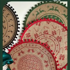 2PCS Jute Placemats Christmas Theme Round Table Mats With Tassel Lace