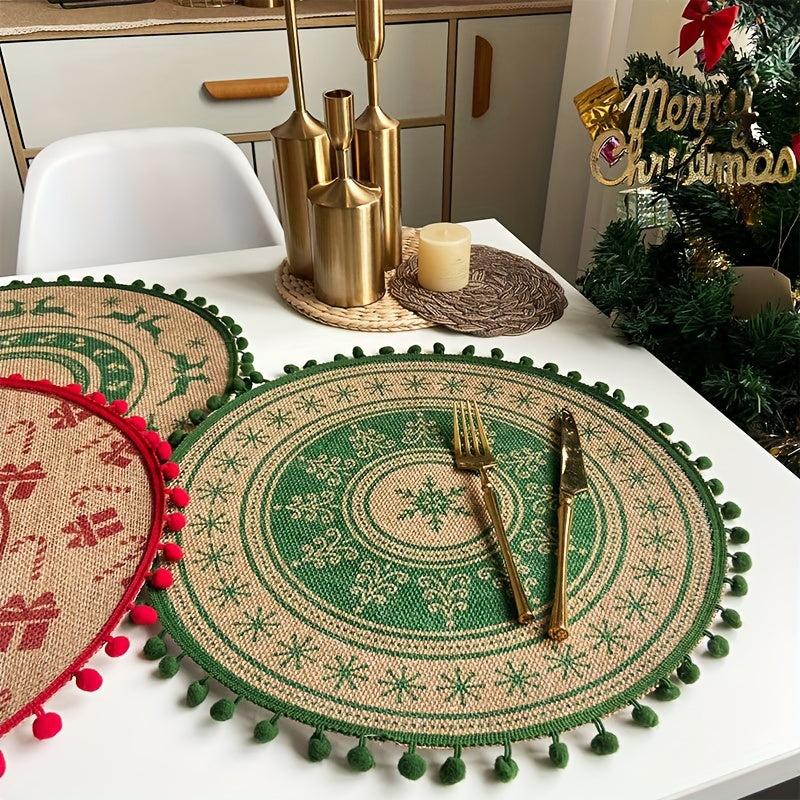 2PCS Jute Placemats Christmas Theme Round Table Mats With Tassel Lace