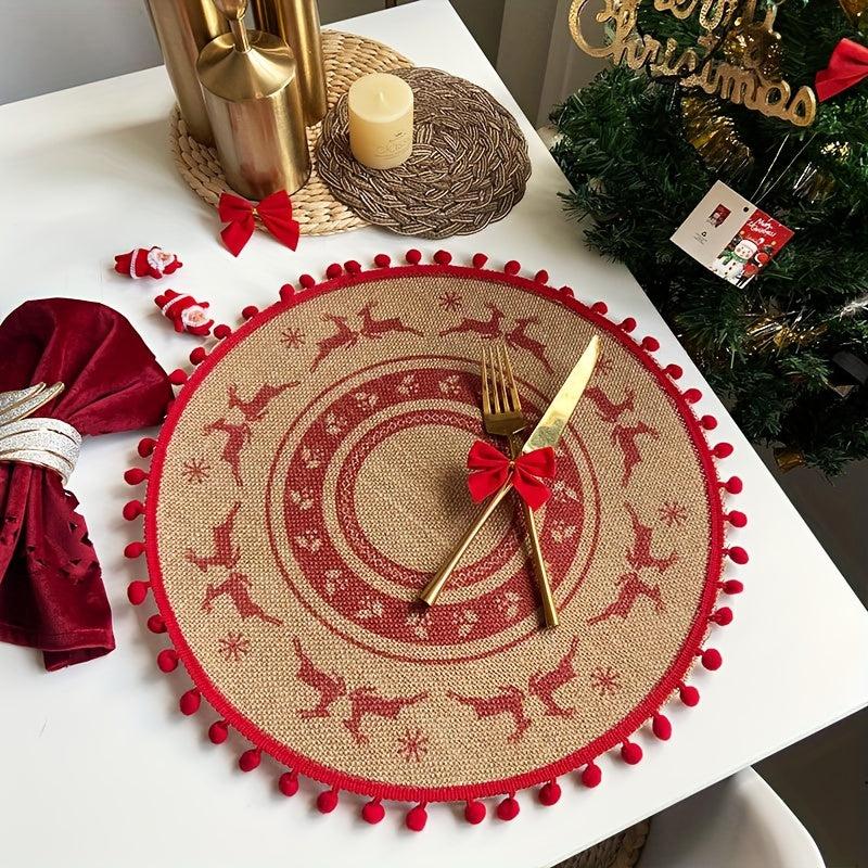 2PCS Jute Placemats Christmas Theme Round Table Mats With Tassel Lace