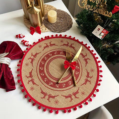 2PCS Jute Placemats Christmas Theme Round Table Mats With Tassel Lace