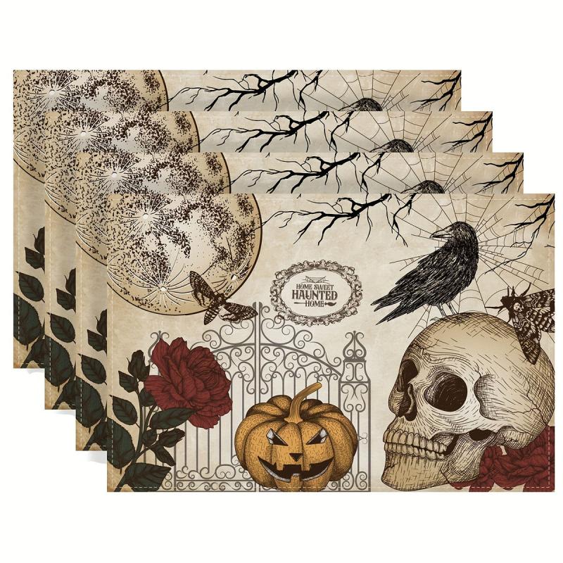 4pcs Halloween Skeleton Placemats Washable Table Mat