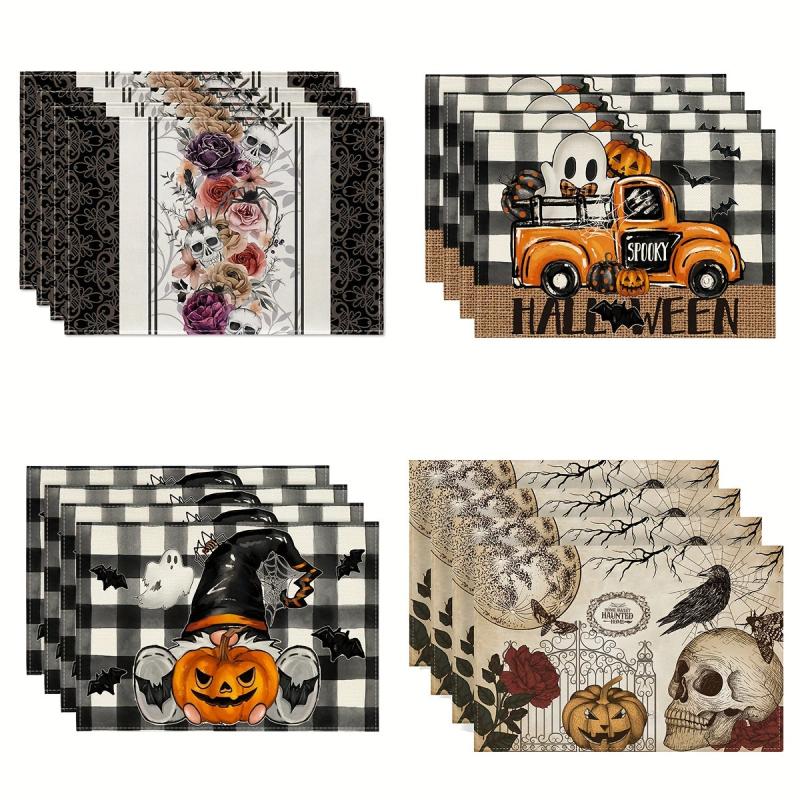 4pcs Halloween Skeleton Placemats Washable Table Mat