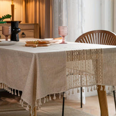 Bohemian Hand Crocheted Beige Fringed Table Cloth