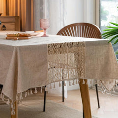 Bohemian Hand Crocheted Beige Fringed Table Cloth