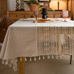 Bohemian Hand Crocheted Beige Fringed Table Cloth