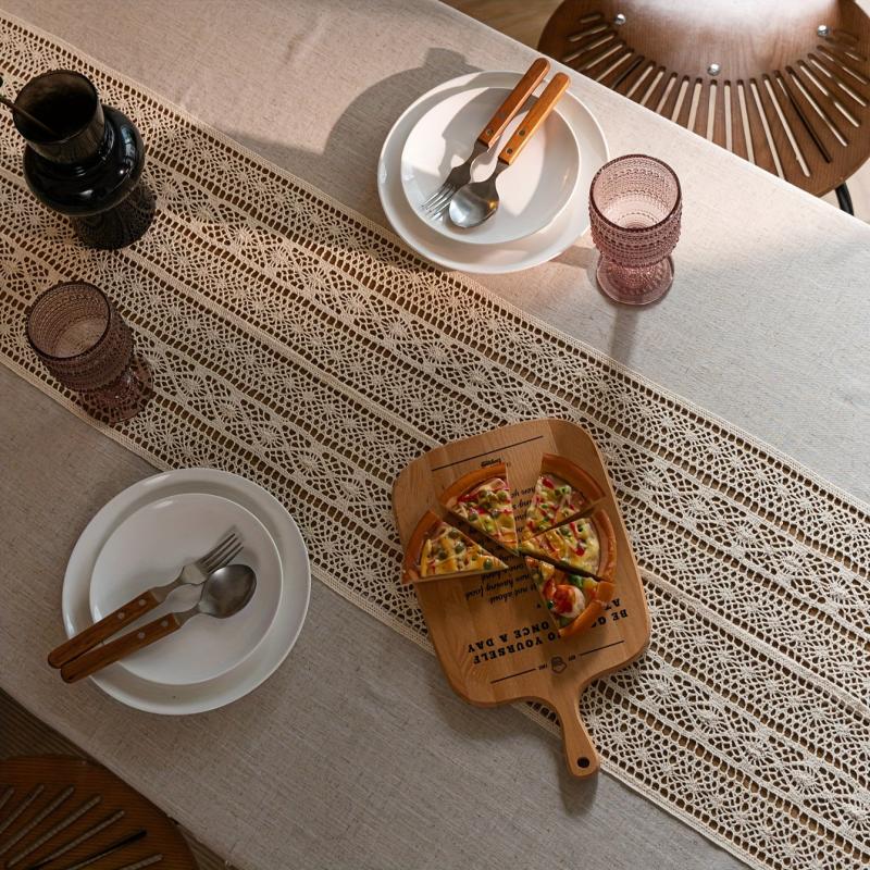 Bohemian Hand Crocheted Beige Fringed Table Cloth