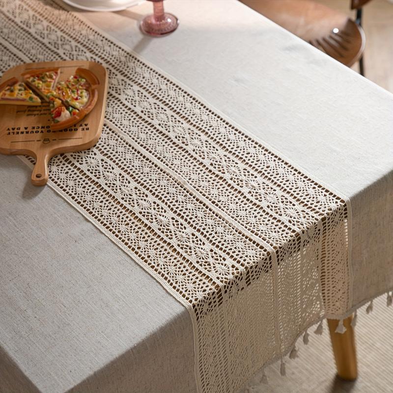 Bohemian Hand Crocheted Beige Fringed Table Cloth