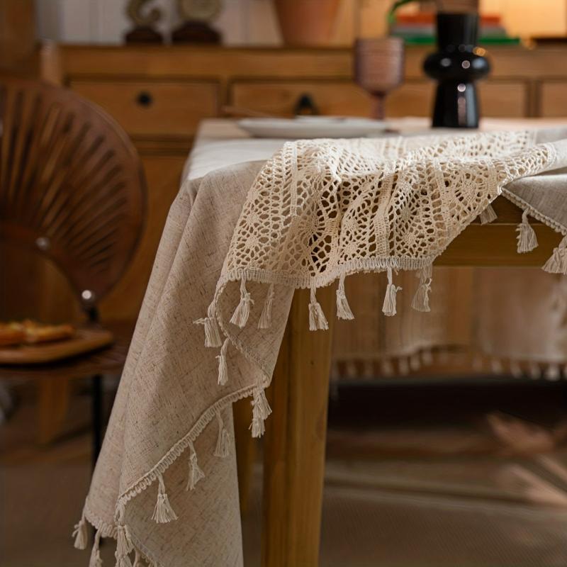 Bohemian Hand Crocheted Beige Fringed Table Cloth