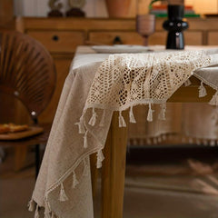 Bohemian Hand Crocheted Beige Fringed Table Cloth