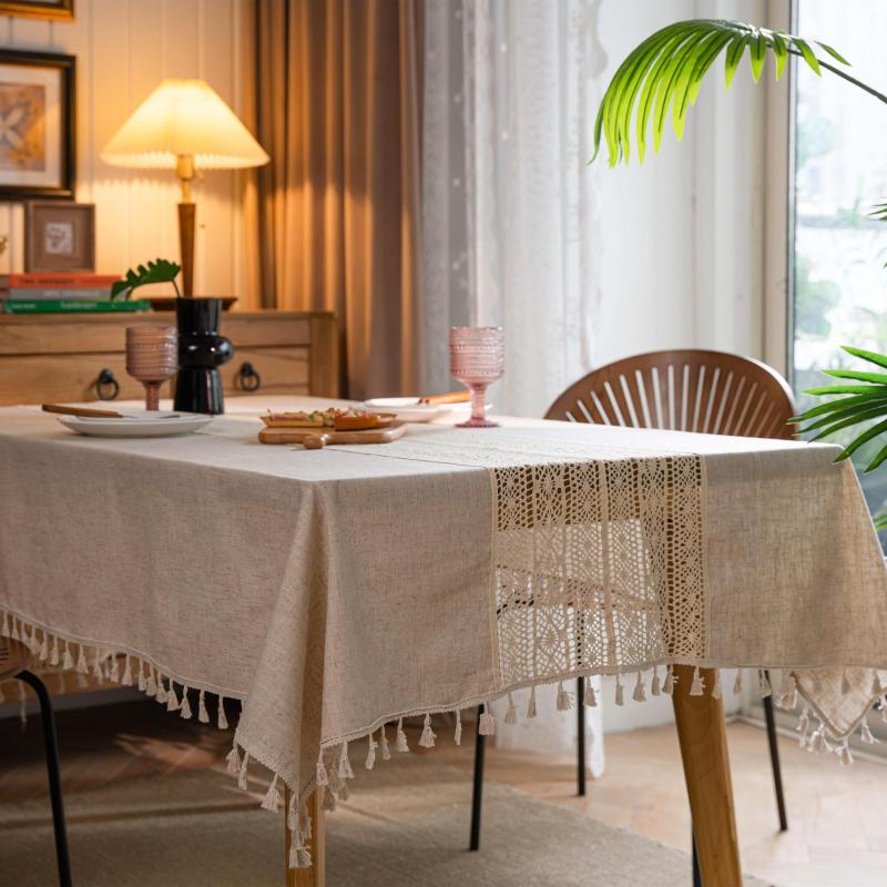 Bohemian Hand Crocheted Beige Fringed Table Cloth