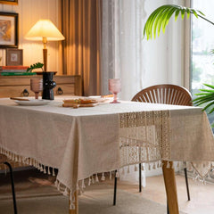 Bohemian Hand Crocheted Beige Fringed Table Cloth