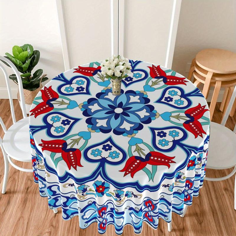 Chinese Style Round Tablecloth 63 Inch Boho Table Cloth With Pottery Pattern