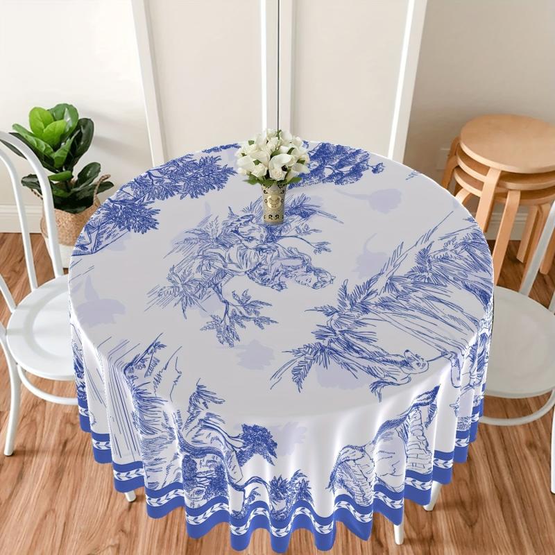 Chinese Style Round Tablecloth 63 Inch Boho Table Cloth With Pottery Pattern