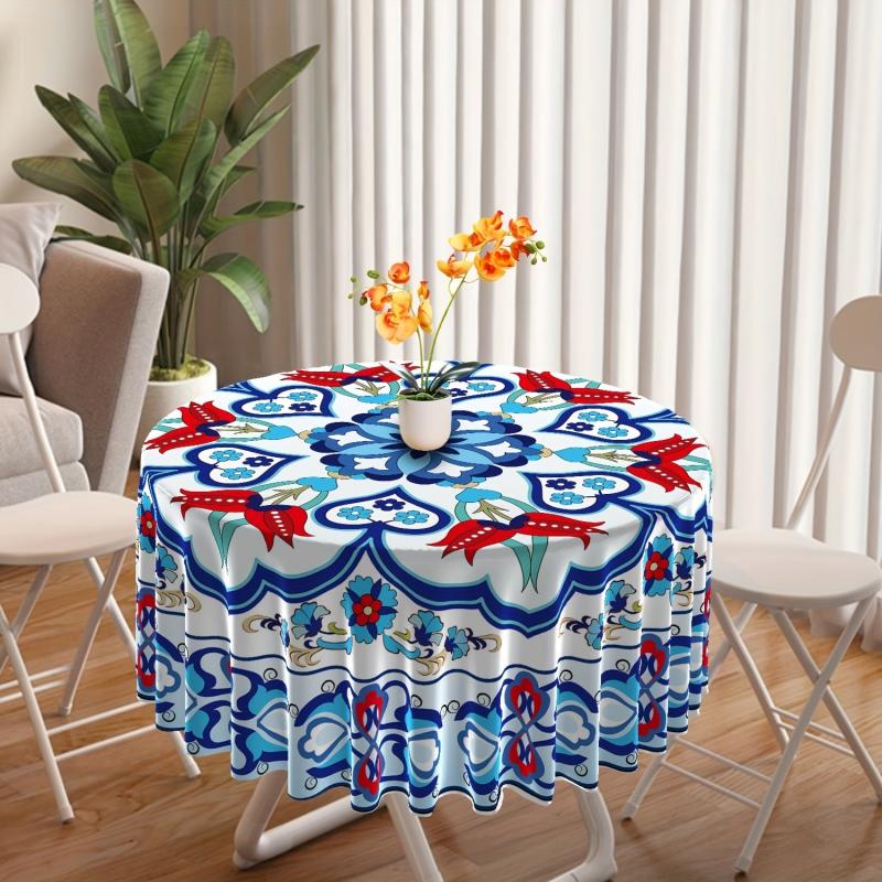 Chinese Style Round Tablecloth 63 Inch Boho Table Cloth With Pottery Pattern