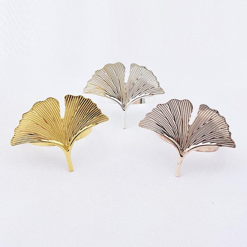 6pcs Golden Ginkgo Leaves Napkin Rings Cast Iron Polished Metal Rings