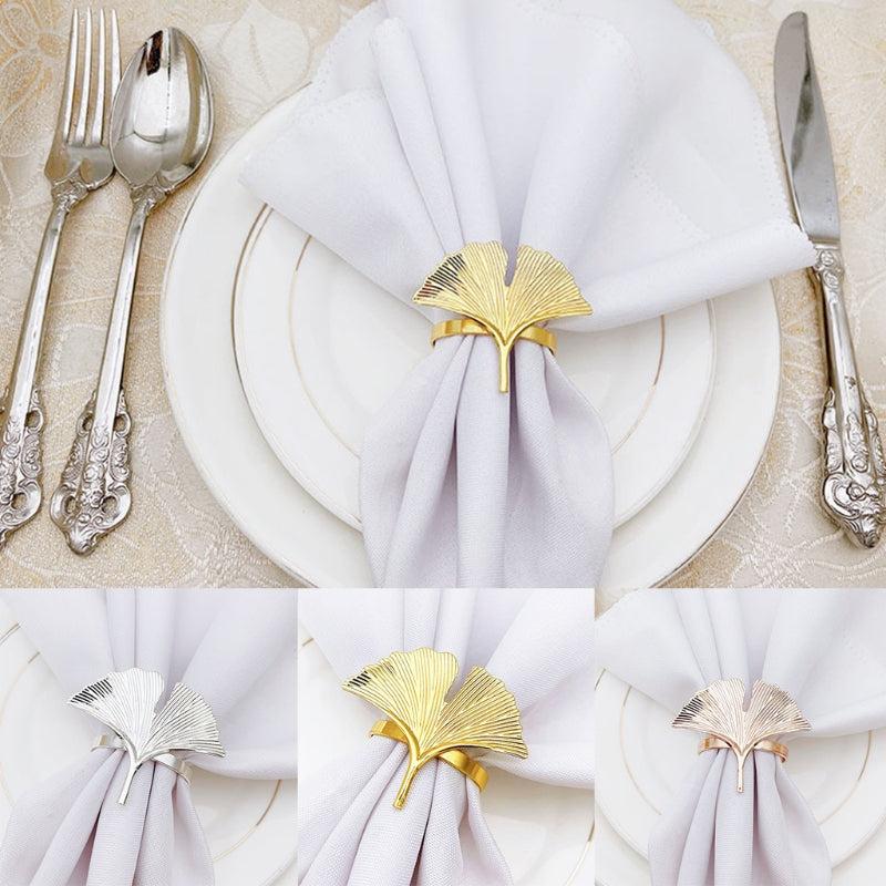 6pcs Golden Ginkgo Leaves Napkin Rings Cast Iron Polished Metal Rings