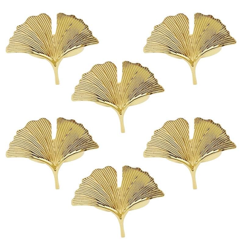 6pcs Golden Ginkgo Leaves Napkin Rings Cast Iron Polished Metal Rings