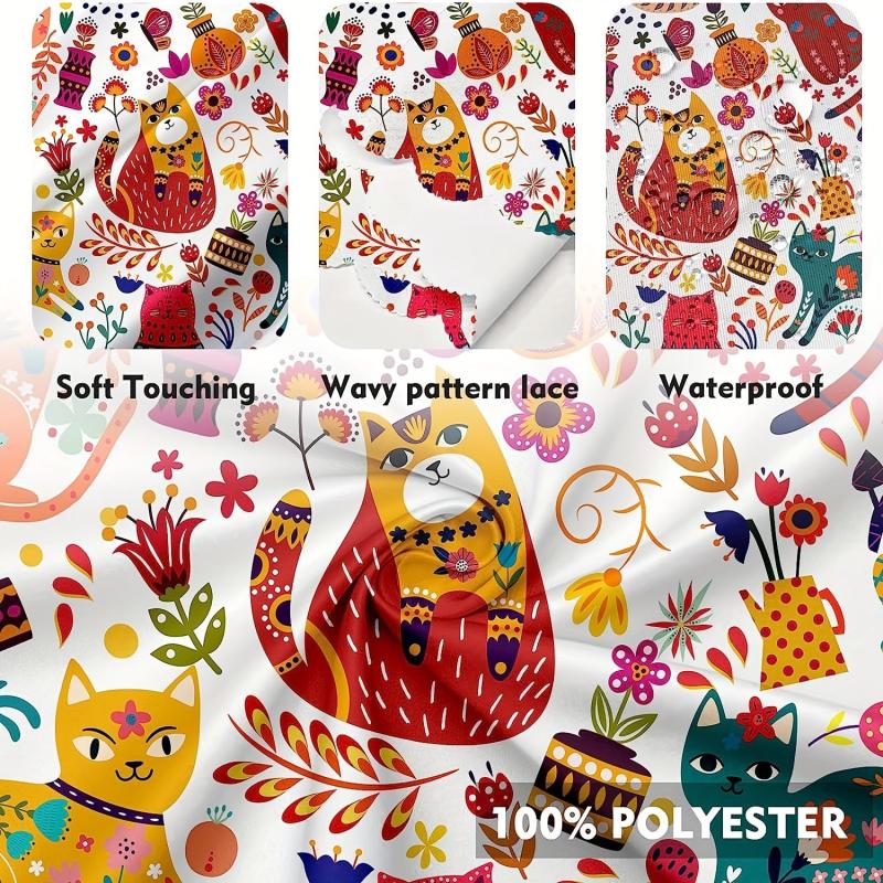 Polyester Cat Pattern Round Tablecloth - Waterproof Stain Wrinkle Resistant