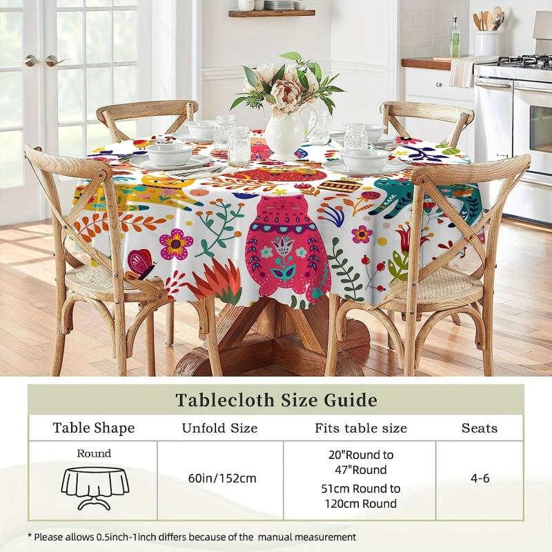 Polyester Cat Pattern Round Tablecloth - Waterproof Stain Wrinkle Resistant