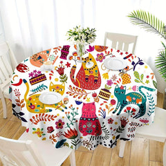 Polyester Cat Pattern Round Tablecloth - Waterproof Stain Wrinkle Resistant