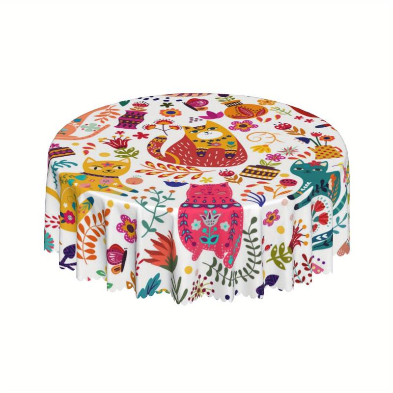 Polyester Cat Pattern Round Tablecloth - Waterproof Stain Wrinkle Resistant