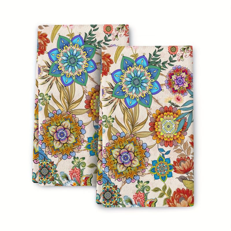 2pcs Colorful Floral Kitchen Hand Towels Absorbent Washable
