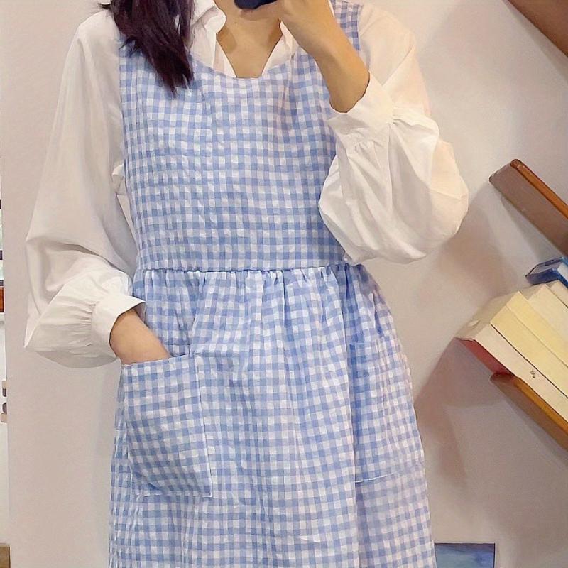 Retro Plaid Dress Style Apron With Pockets Adjustable Stain Resistant Vest Apron