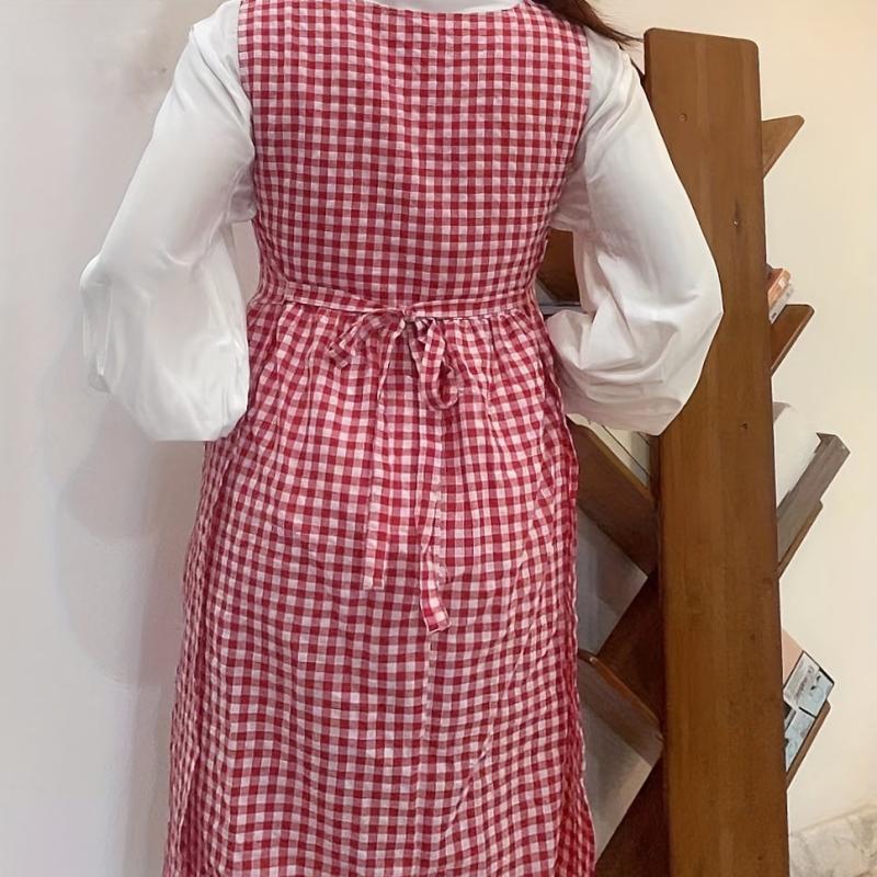 Retro Plaid Dress Style Apron With Pockets Adjustable Stain Resistant Vest Apron