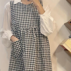 Retro Plaid Dress Style Apron With Pockets Adjustable Stain Resistant Vest Apron