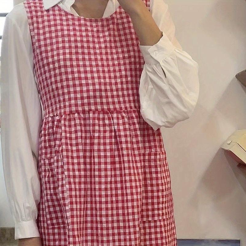 Retro Plaid Dress Style Apron With Pockets Adjustable Stain Resistant Vest Apron