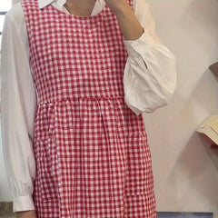 Retro Plaid Dress Style Apron With Pockets Adjustable Stain Resistant Vest Apron
