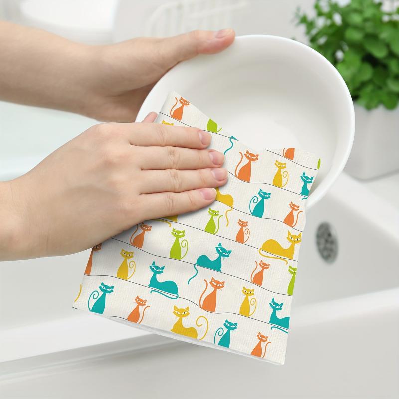 2pcs Cat Pattern Hand Towels Microfiber Absorbent Cleaning Pad