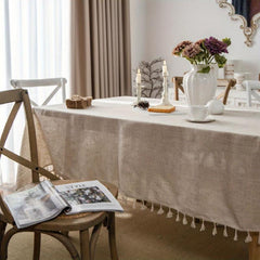 Boho Linen Tablecloth Beige Tassel Table Cover