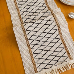 Khaki Polyester Table Runner with Retro Grid and Hollow Tassels