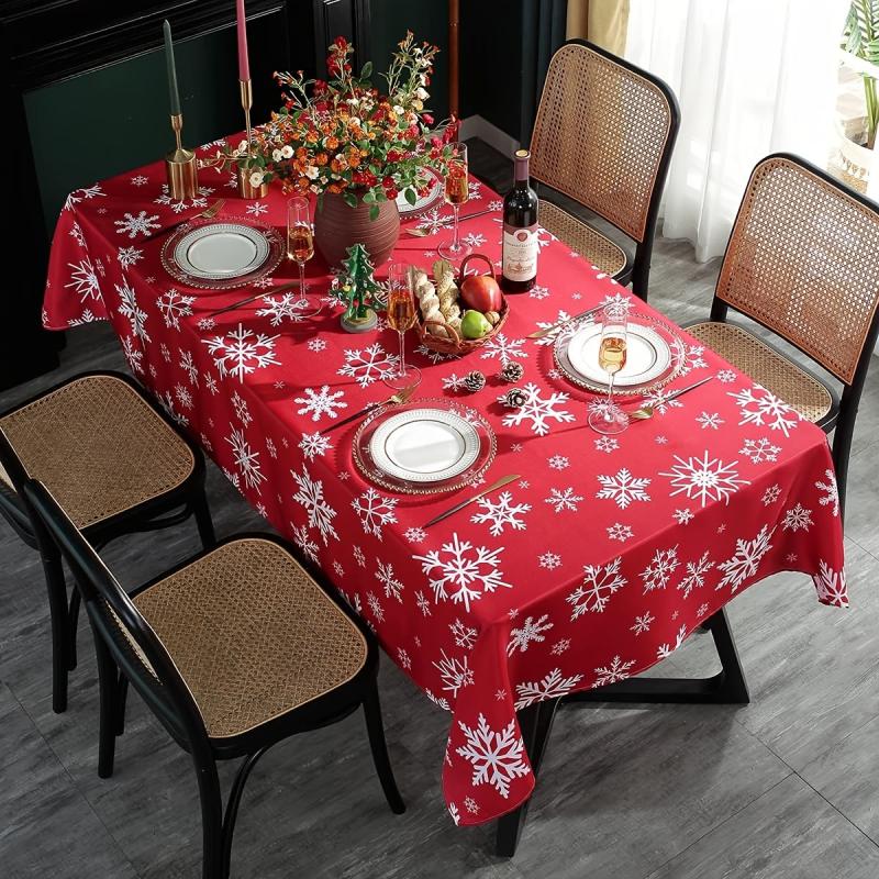 Polyester Tablecloth Merry Christmas Snowflake Red Table Cover