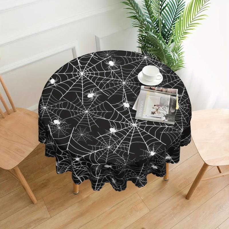 Halloween Style Round Tablecloth Spider Web Embossed Edge Stain Resistant